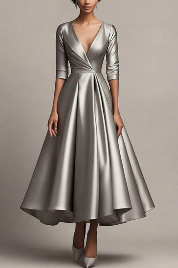 Col V A Ligne Satin Manches Grises Longueur Veau Robe Mère